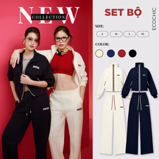 Set Bộ ECOCHIC AURORA GRACE Áo Polo Khoá Zip 2 Chiều Phối Quần Suông Cạp Cao Chất Liệu Cao Cấp Chính Hãng B182