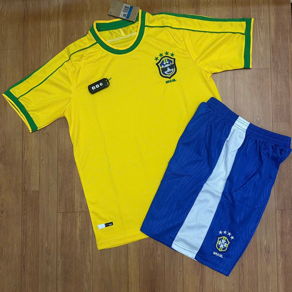 Bộ Quần Áo Bóng Đá Đội Tuyển Brazil Sân Nhà 1998, Áo Đá Banh Đội Tuyển Brazil - Vải Polyester Thái