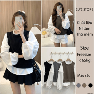 Set Áo Sơ Mi Cổ Ren Tay Bồng Mix Áo Gile Nỉ Tăm Trơn Form Rộng Susstore S823 Thời Trang Nữ Bigsize