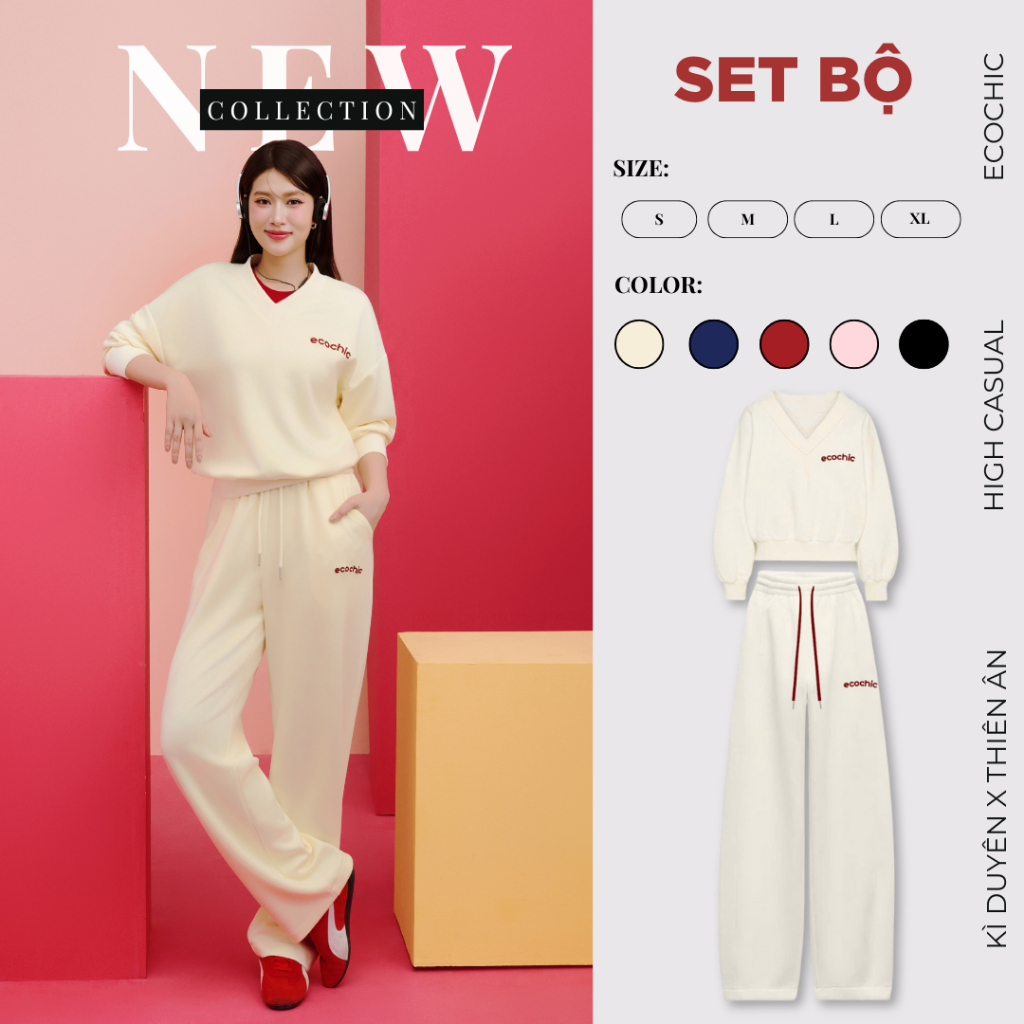 (LINK SALE) Set Bộ ECOCHIC SILENT LUXE Áo Cổ Tim Basic Quần Suông Cạp Cao Chất Liệu Vải Thun Cosy Sọ
