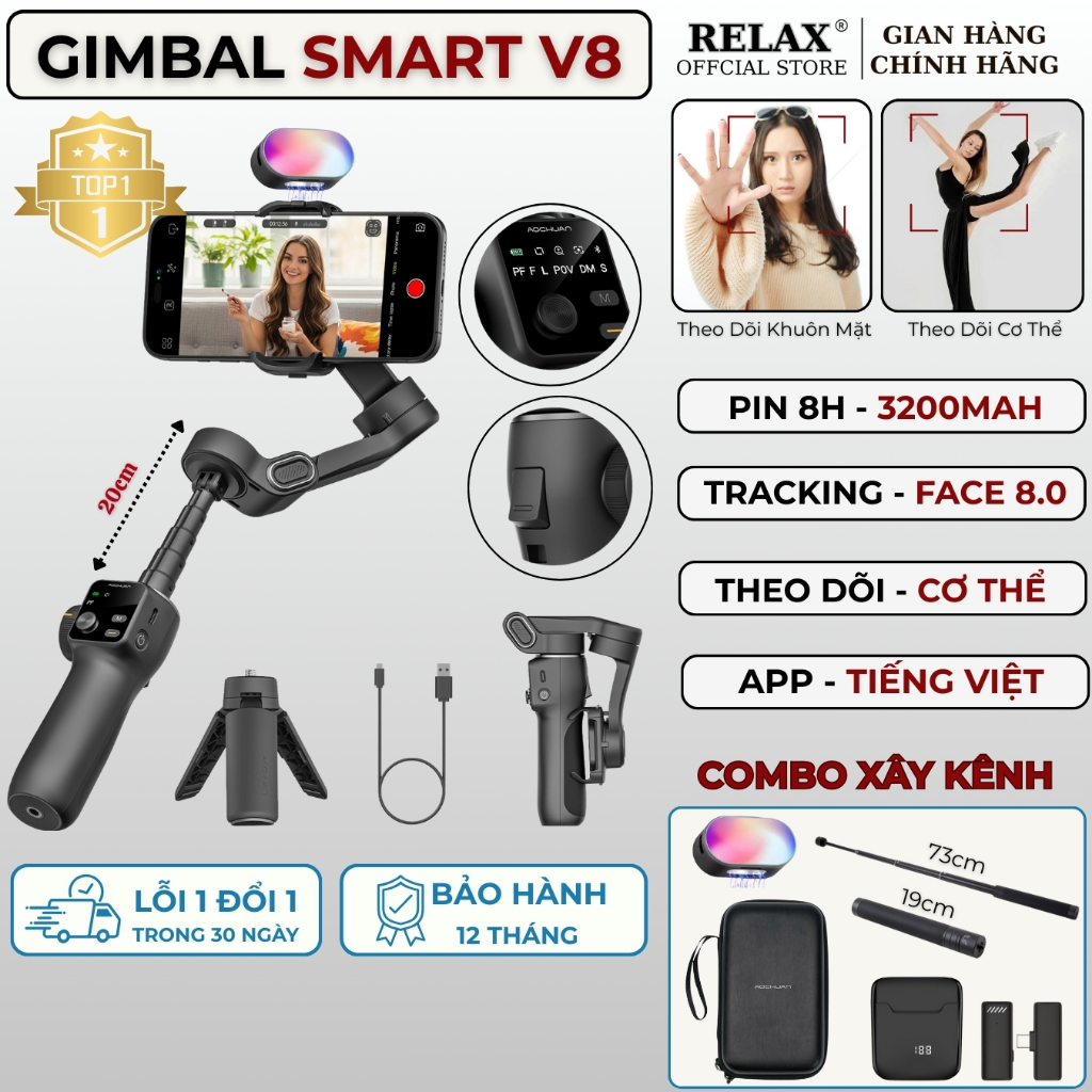 Gậy quay video SMART V8 chống rung EIS, Gimbal điện thoại hỗ trợ quay video chụp ảnh tracking 8.0