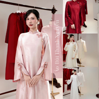 Áo Dài Cô Dâu , Áo Dài Gấm Phượng Dáng Suông 4 Tà Cổ Cao - Tay Loe Đính Nơ Cao Cấp