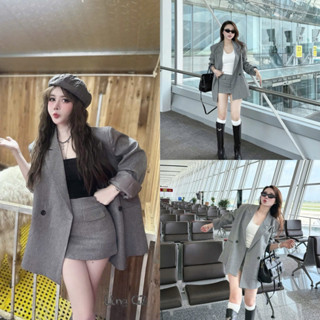   S2.4164  Set Áo Khoác Vest Xám Vải Chéo Xước Ép Mùng Mix Chân Váy Chữ A Hàng 2 Lớp Dày Dặn  có độn vai cváy có lót  