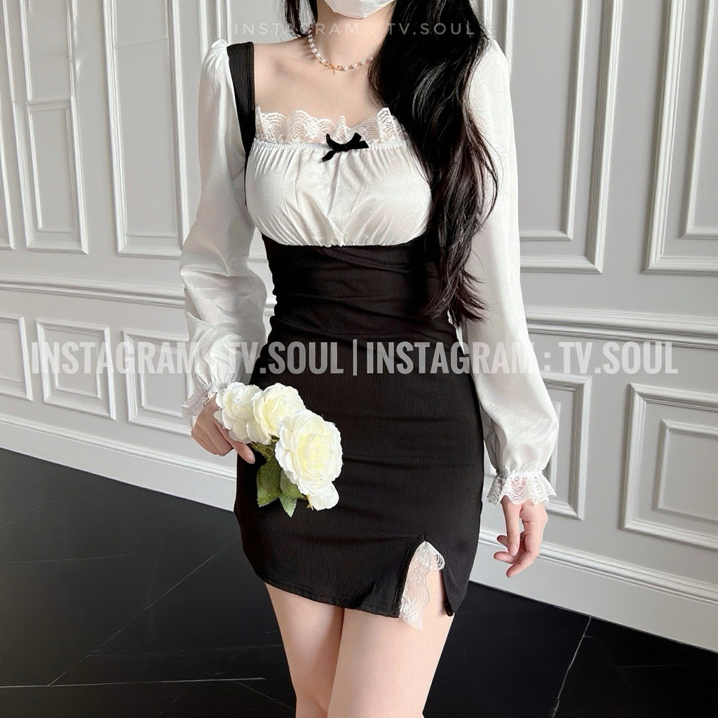 [SẴN, ẢNH THẬT] 𝐓𝐕 𝐒𝐎𝐔𝐋 | Đầm body đen trắng phối ren/bèo tay dài
