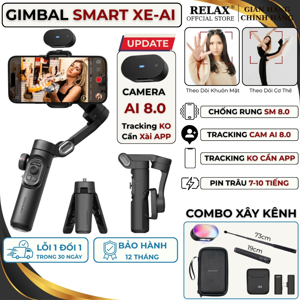 [SMART XE - AI Bản Đặc Biệt] Gimbal chống rung điện thoại AOCHUAN có camera AI Tracking 8.0 dễ dùng