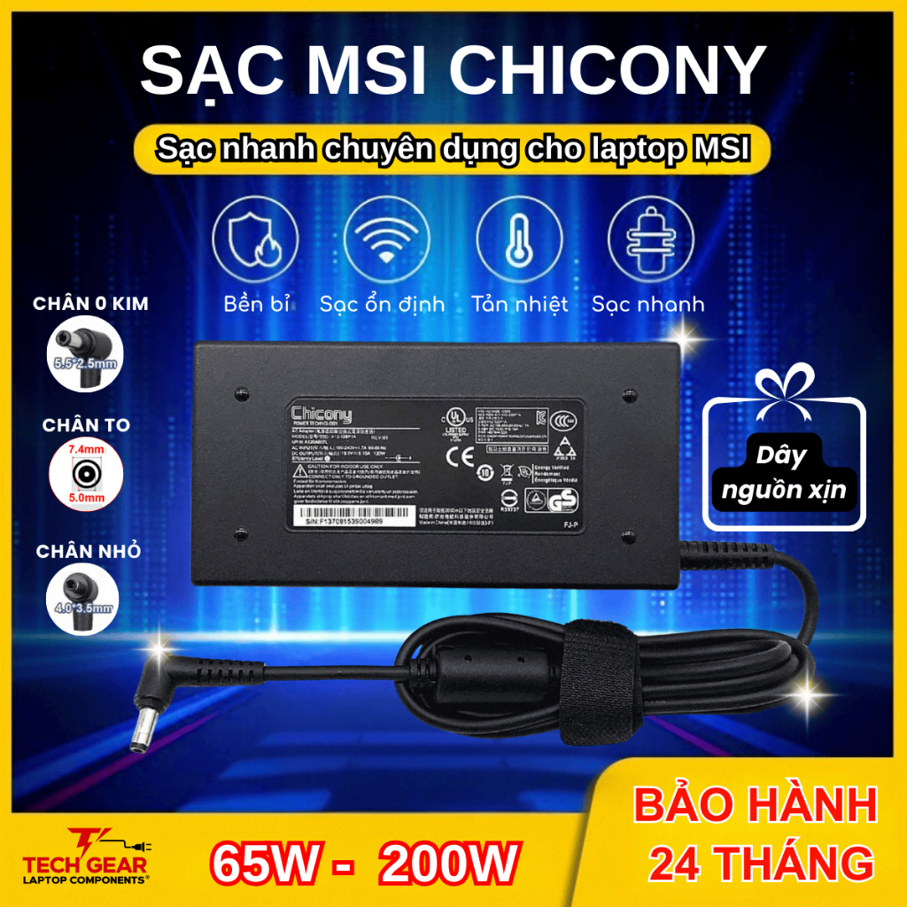 Sạc Laptop MSI Gaming, Sạc CHICONY, Sạc MSI BRAVO, MSI GF63, 19.5V 20V 6.15A/7.7A/9A/9.23A 120W 150W