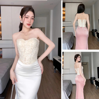  Set Váy Nữ A121 Áo Corset Dây Rút Sau Lưng Mix Chân Váy Lụa Đuôi Cá Ren Cao Cấp Sang Trọng Dự Tiệc 