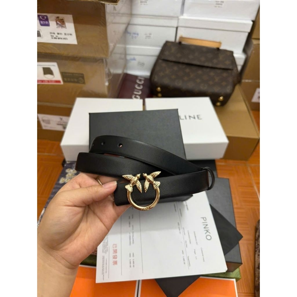 [FULLBOX] Thắt Lưng Nữ Pinko Basic Siêu Xinh – Khóa Đôi Chim Vàng, Da Đen Mềm Mịn