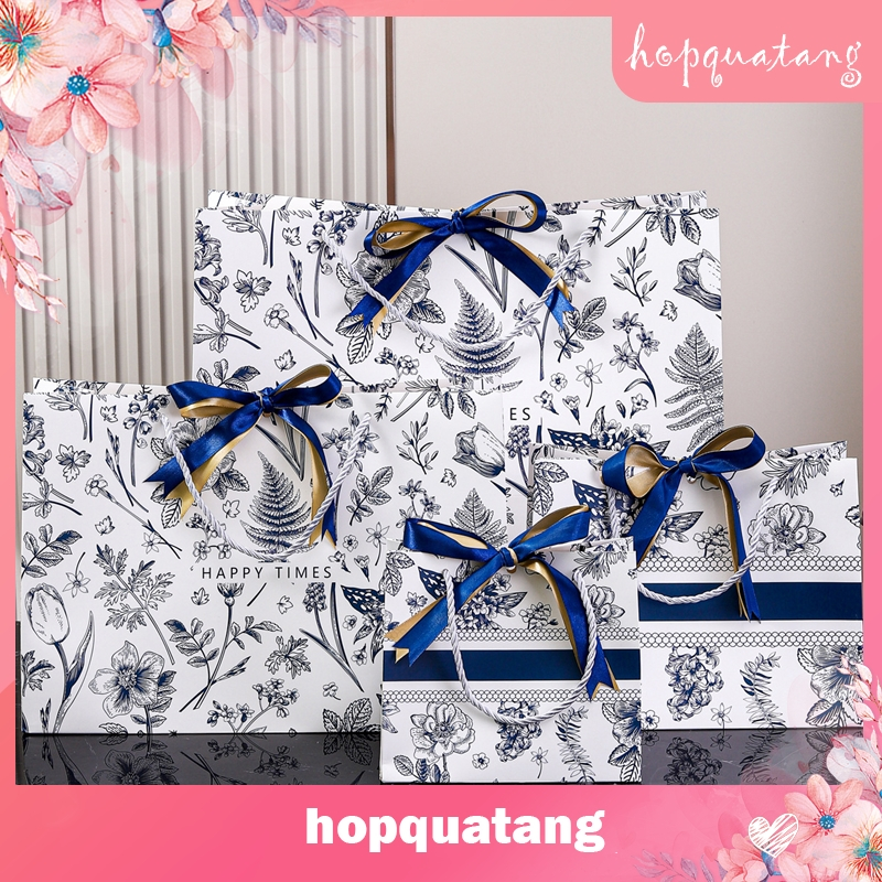 Túi Quà Tặng Ruy Băng Ngày Lễ Túi Giấy Hoa Văn Đen Trắng Sọc Xanh Sang Trọng T31