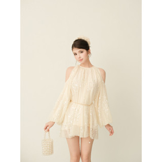  Áo Trễ Vai Nữ Dập Li Đính Kim Sa ELYSNIE Tiểu Thư Sang Trọng Sylvie Top  Tặng kèm dây thắt eo  