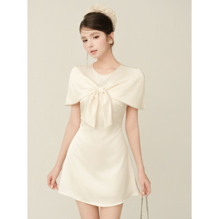  Váy Đầm Nữ Lụa Cổ Nơ Choàng ELYSNIE Thanh Lịch Tiểu Thư Ivory Dress 