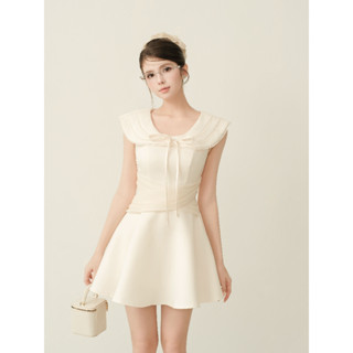  Váy Đầm Nữ Cổ Tròn Phối Đường Ren ELYSNIE Ôm Eo Tôn Dáng Tiểu Thư Isla Dress 