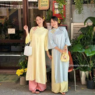 (HAVANA) CÓ BIGSIZE - Áo dài lụa CƠ UYỂN phối hoạ tiết chìm đính cúc sò kèm quần Satin AD182