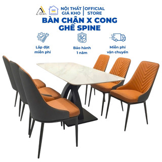  Bộ Bàn Ăn ADORA Mặt Đá Ceramic Bóng Chân X Cong kèm 4 6 8 Ghế Spine Hiện Đại 