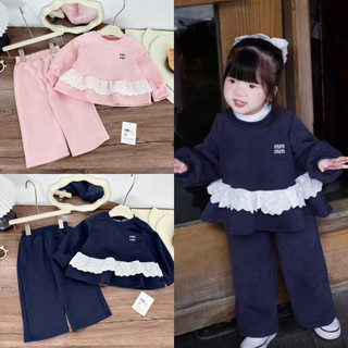  Quần áo thu đông Sét áo babydoll viền ren mix quần xuông nỉ hai da cho bé gái 