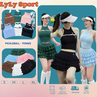   PICKLEBALL  Set thể thao nữ Pompeche áo bra cổ yếm nơ kết hợp chân váy bốn tầng tập pickleball tennis 