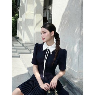   40-80kg  Đầm Váy Xanh Đen Cổ Trắng Bèo Trụ Tùng Dập Li Mặc Đi Chơi Đi Làm  Có BigSize  UnihomeClothing CQ348 