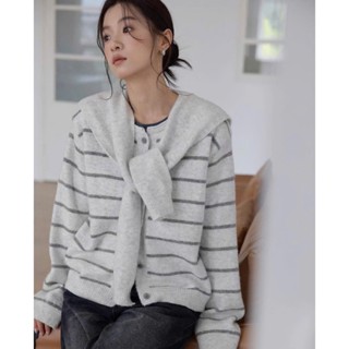  Áo Cadigan Lông Thỏ Áo Khoác Len KÈM KHĂN QUÀNG VAI Màu Xám Tiêu Phối Kẻ Màu Sọc Nhỏ Phòng Cách Hàn Quốc Qccc Orangeclo 