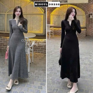  Đầm bầu len thừng cổ khuy mở dáng body maxi dài tay thu đông chất dày dặn mặc công sở dạo phố dự tiệc X528 