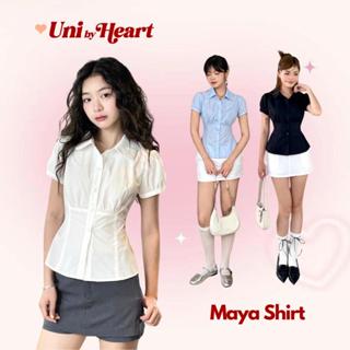 Áo sơ mi ngắn tay nữ Maya Shirt SMI026 cổ sen viền ren, dáng ôm, dây rút sau eo - Uni By Heart