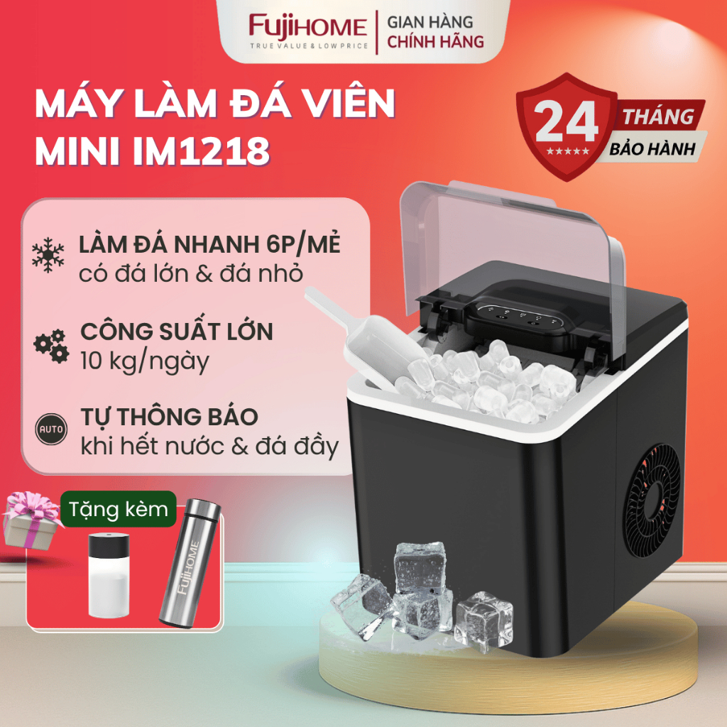 Máy làm đá viên Mini FUJIHOME IM.1218 Nhập Khẩu, Máy làm đá viên tròn êm ái tiết kiệm điện tiện lợi