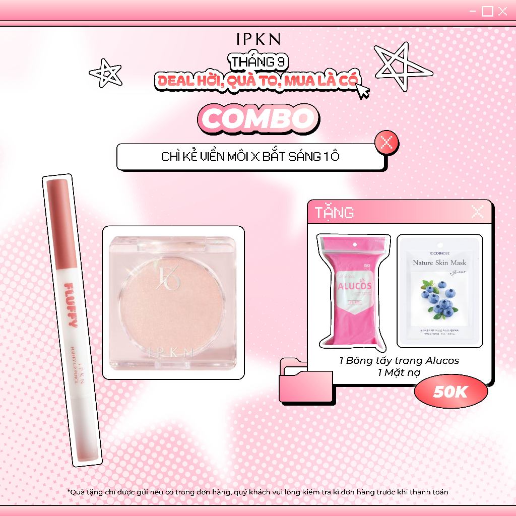 Combo Tiết Kiệm Chì Kẻ Viền Môi Hai Đầu IPKN Fluffy Lip Pencil Và Bắt Sáng 1 Ô IPKN Flap One Single Highlighter