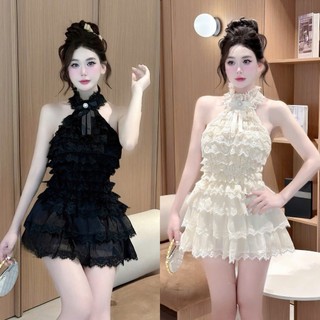  Sét đồ nữ thiết kế áo cổ yếm đính nơ phối tầng mix chân váy xòe tầng có lót kiểu dáng gợi cảm hiện đại cho quý cô 
