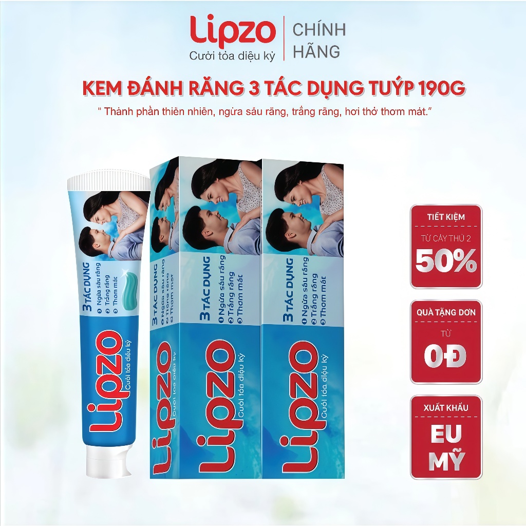 Kem Đánh Răng Lipzo Thiên Nhiên 3 Tác Dụng 190g – Trắng Răng, Ngừa Sâu Răng, Thơm Mát Hơi Thở
