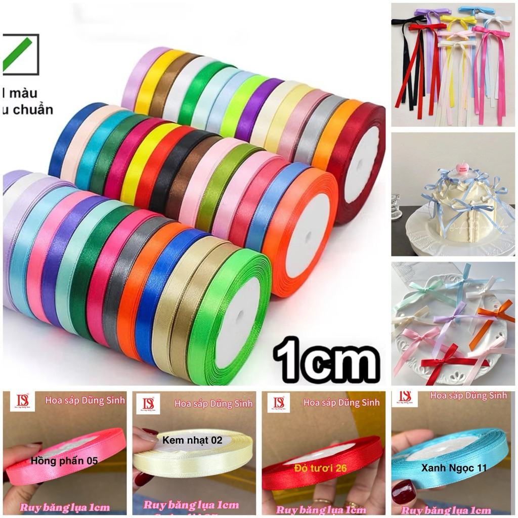[ R607 ] Lẻ cuộn ruy băng lụa trơn 1cm dài 22m, ruy băng lụa satin bản 1cm nhiều màu bó hoa, làm nơ, trang trí