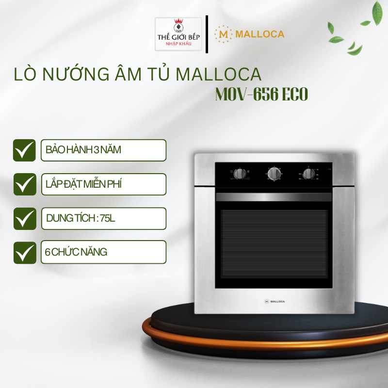 Lò Nướng Malloca MOV-656 ECO – Âm Tủ, Dung Tích 75L, 6 Chức Năng, Tiết Kiệm Điện, Mặt Kính Đen