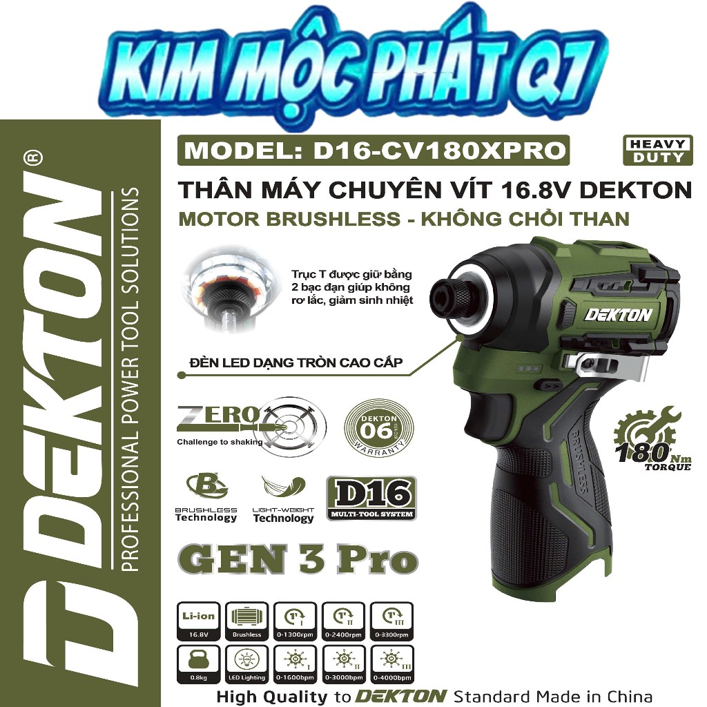 Máy chuyên vít Pin 16.8V Dekton D16-CV180PRO Brushless