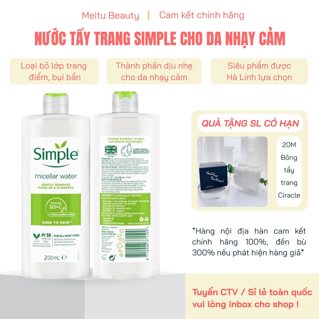 Simple tẩy trang làm sạch sâu cho da nhạy cảm, Nước tẩy trang Simple không gây khô da, Meitu Beauty