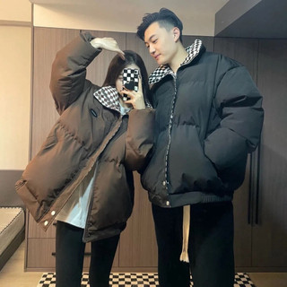 Áo Khoác Phao Béo Nam Nữ Unisex Màu Nâu Đen, Áo Khoác Phao Đôi Cổ Kẻ Caro Phong Cách Ulzzang Hàn Quốc Siêu Ấm