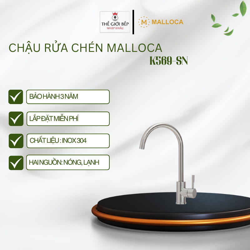 Vòi rửa chén Malloca K569-SN - Chất liệu inox 304, cổ xoay 360°, đầu vòi kéo rút tiện lợi
