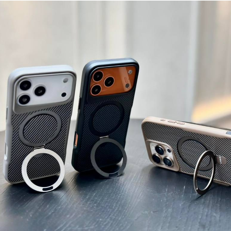 Ốp lưng Likgus Carbon Fiber Ring Stand Case chống sốc cho Iphone 17 16 15 Pro Max bảo vệ lens camera