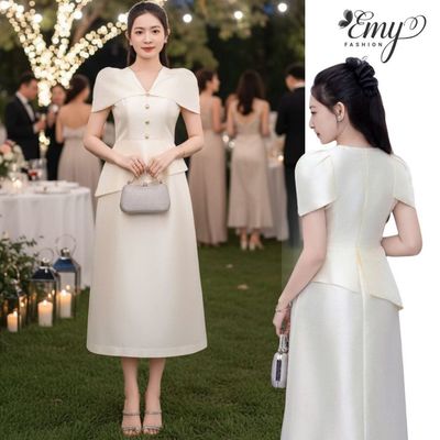 Đầm Midi EMY EM4035 Dáng Ôm Vừa, Cổ V Peplum Be Ánh Kim Vải Taffta Sang Trọng Dự Tiệc, Công Sở Nữ