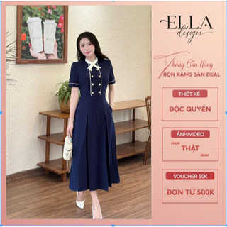  Váy Đầm Thiết Kế Ella Desgin dành cho nữ kiểu dáng midi phối cổ nơ trắng ,có túi,phù hợp mặc đi làm,đi chơi B28 