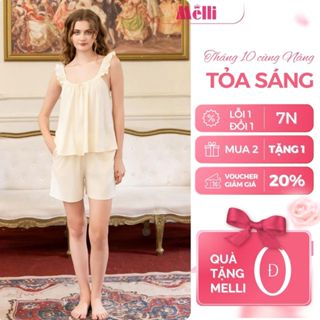 Bộ ngủ nữ quần đùi áo 2 dây phối bèo dễ thương chất đũi cotton mềm, Set đồ mặc nhà siêu mát