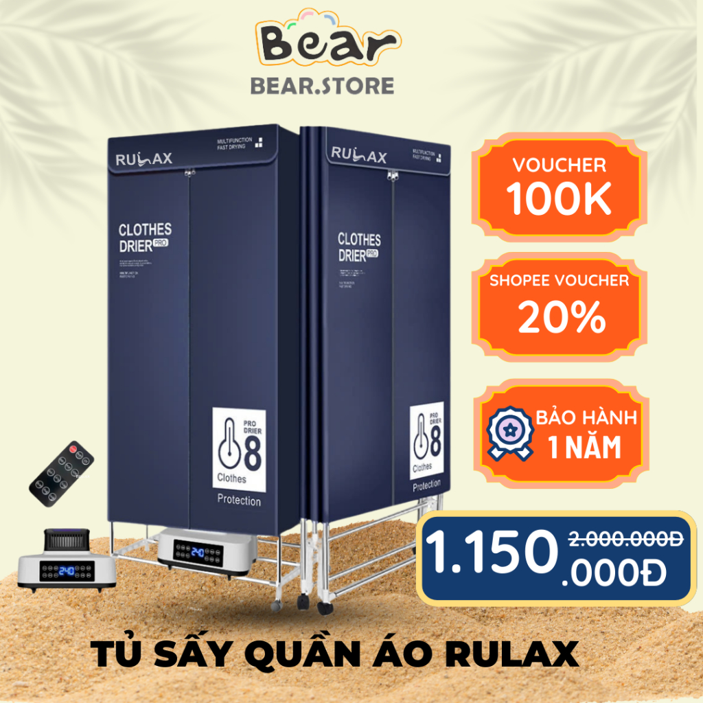 Tủ Sấy Quần Áo RULAX, Máy Sấy Quần Áo Gấp Gọn Sấy Lên Tới 30Kg Tích Hợp Diệt Khuẩn Kèm Điều Khiển