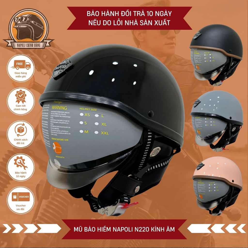 Mũ Bảo Hiểm Napoli Nhật 1/2 Kính Âm CHÍNH HÃNG - FREESHIP - Nón Bảo Hiểm Napoli Nửa Đầu Kính ÂM N220