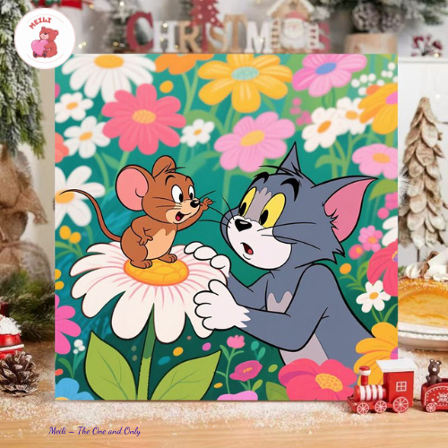 Tranh Số Hoá Tom Jerry Hoa Hoạt Hình Tranh Tô Màu 20x20cm dễ thương đầy đủ cọ, màu, căng khung sẵn M