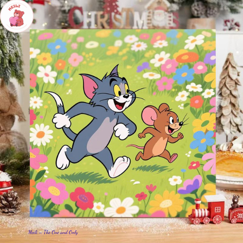 Tranh Số Hoá Tom Rượt Jerry Hoạt Hình Tranh Tô Màu 20x20cm dễ thương đầy đủ cọ, màu, căng khung sẵn 