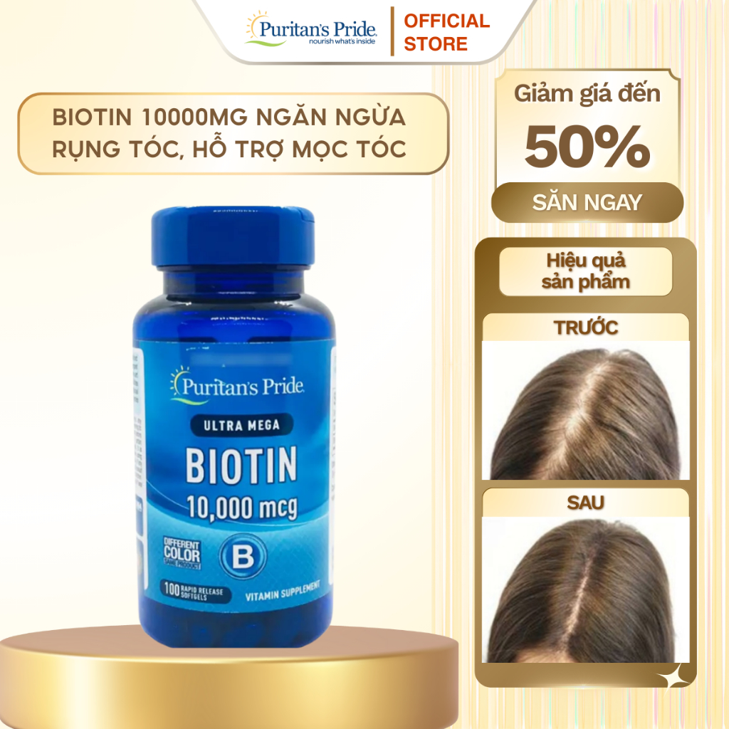 Hỗ trợ mọc tóc nhanh, giảm rụng tóc Ultra Mega Biotin 10000mcg Puritan's Pride 100 viên của Mỹ