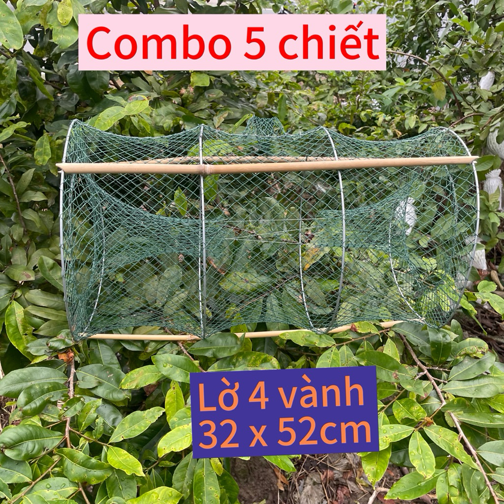 Combo 5 cái Lờ cá lóc trê rô phi.. Lờ bắt cá 4 vòng - Lờ cải tiến khung 32 x 52cm, ô lưới 2,5p - Kèm