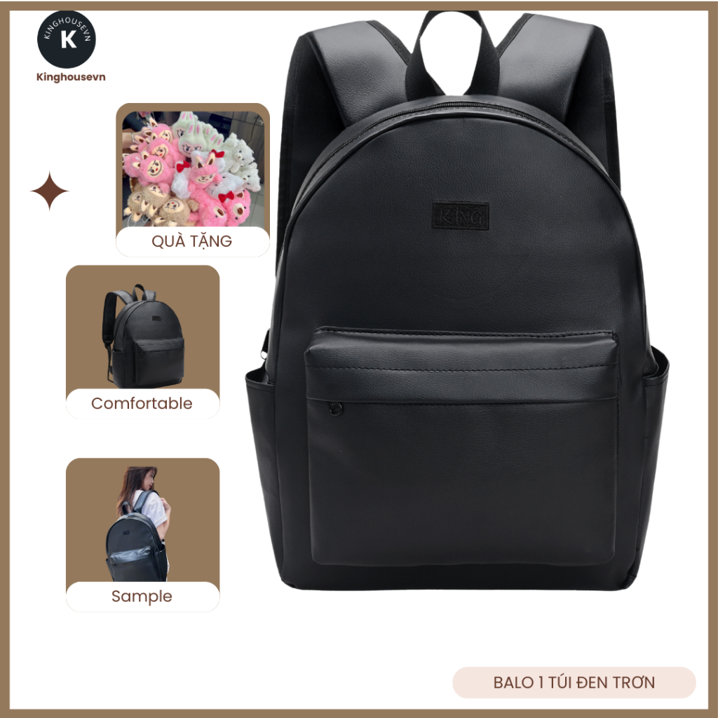 Balo Da Unisex Chống Nước Balo Backpack Trơn King thêu 1 - Màu Đen Đeo Vai