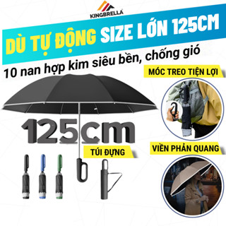 🌂 Dù Bấm Tự Động Size Lớn 125cm Viền Phản Quang Kingbrella - Ô Gấp Gọn Có Móc Treo, Vải 2 Lớp Chống UV, Chống Gió Mạnh