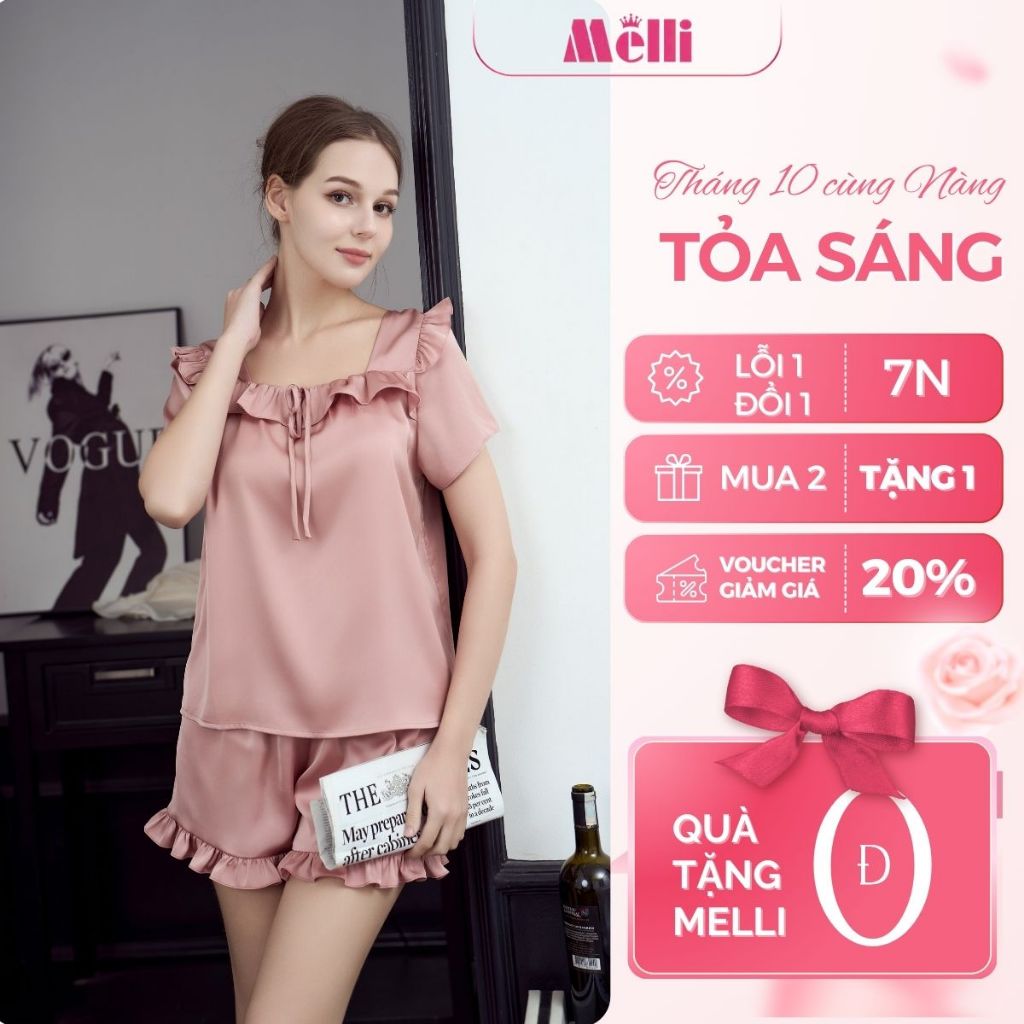 [ ƯU ĐÃI 8/3 ] Bộ ngủ nữ MELLI babydoll cổ vuông phối bèo chất lụa Latin Pháp cao cấp, mềm mại BC05