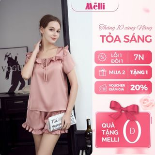  Bộ ngủ nữ MELLI babydoll cổ vuông phối bèo chất lụa Latin Pháp cao cấp mềm mại BC05 