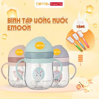 Bình tập uống nước cho bé Emoon 250ml, ống hút silicon mềm có van chống sặc, chất liệu an toàn cho bé, có ống thay thế