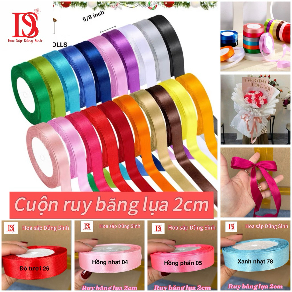 [ R606 ] Lẻ Cuộn Ruy băng lụa trơn 2cm dài 22m, ruy băng lua satin bản 2cm nhiều màu bó hoa, làm nơ, gói quà, trang trí